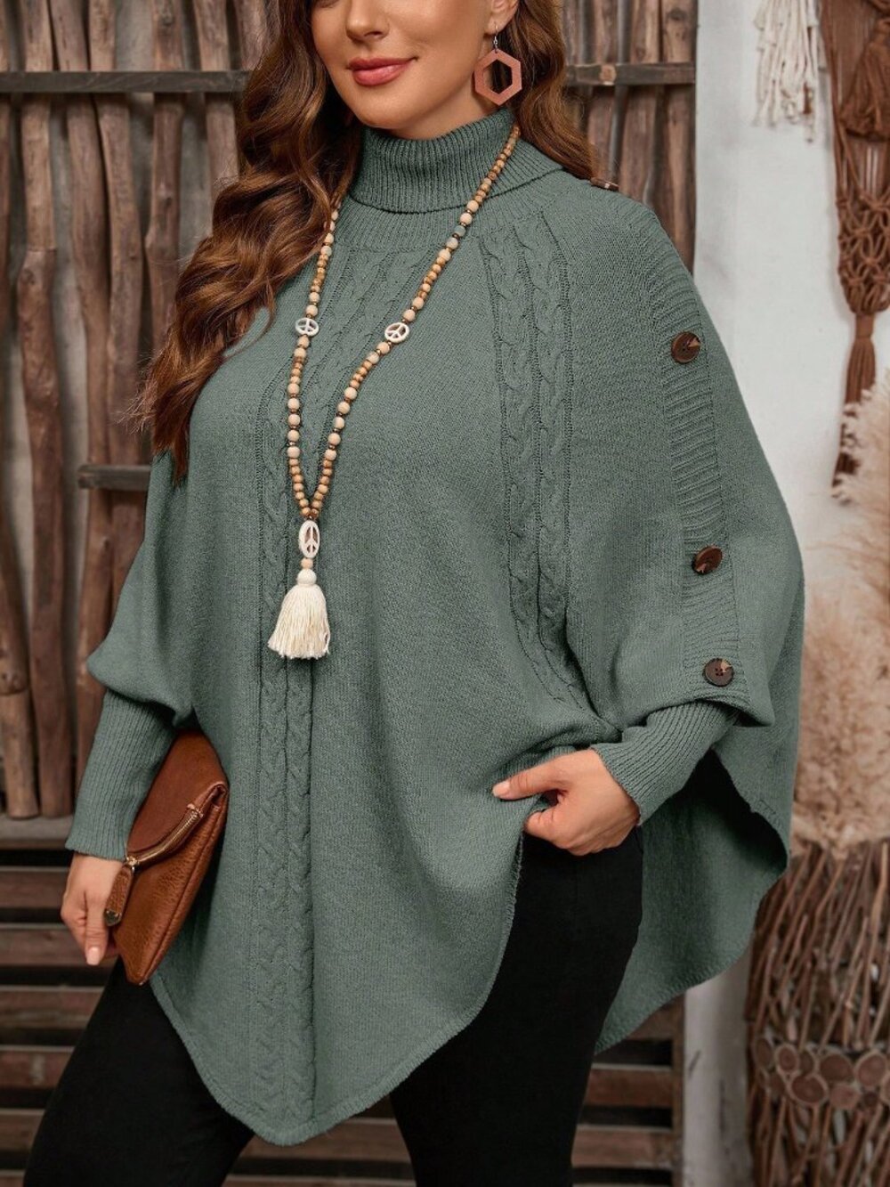 Olive Green Casual Women's Knitted Button High Neck Batwing Long Sleeve Sweater
